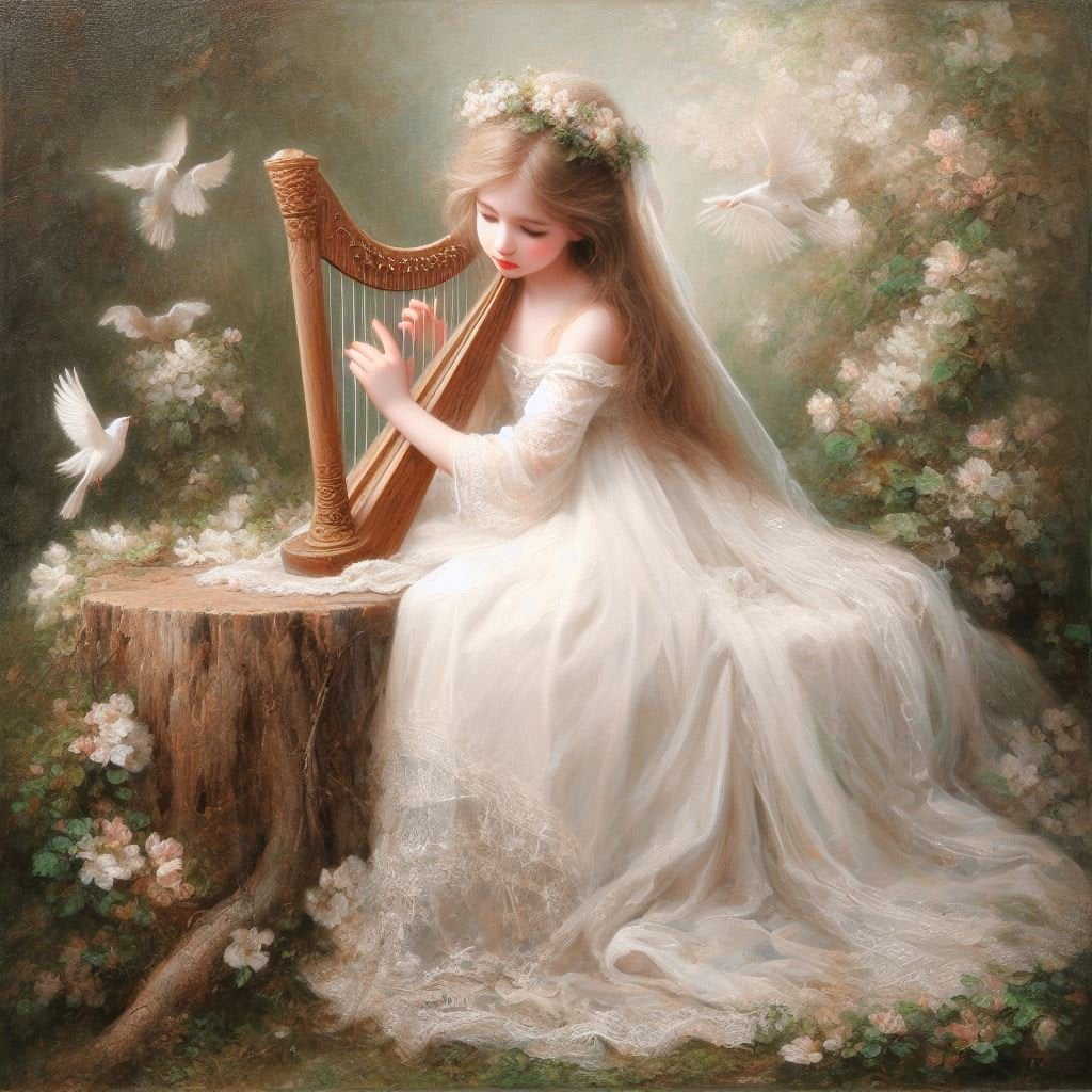 A girl playing lyre harp